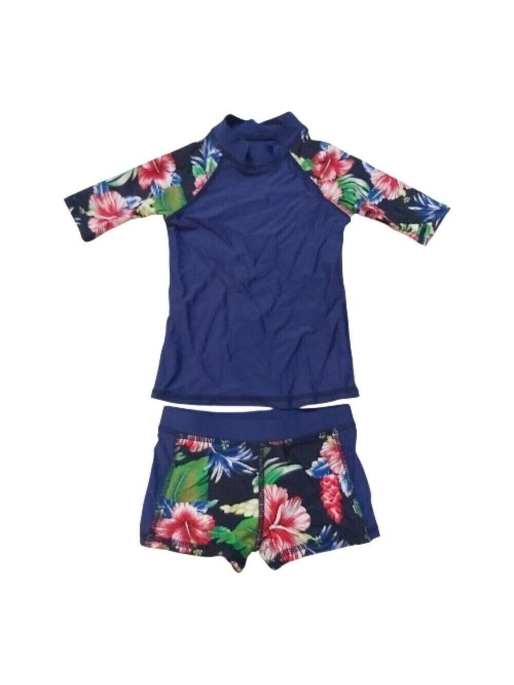 Kids Navy Floral Rash Guard Swim Set Toddler Size Medium 2T–3T 3/4 Sleeve Top